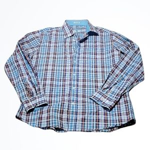 Bugatchi Blue White Plaid Shaped Fit Shirt Size XL